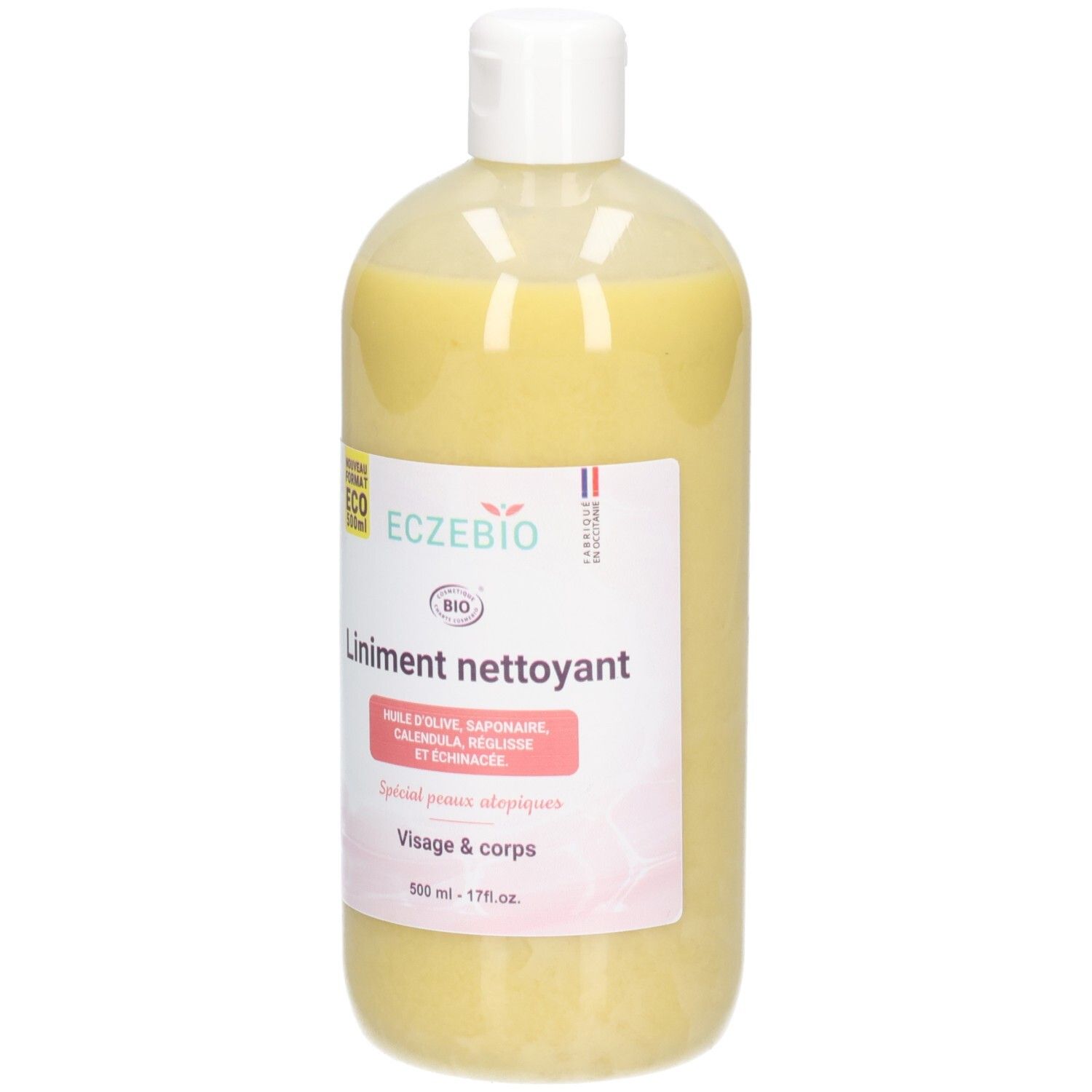 Flacon de liniment jaune, étiquette "Liniment nettoyant" et "Visage & corps".