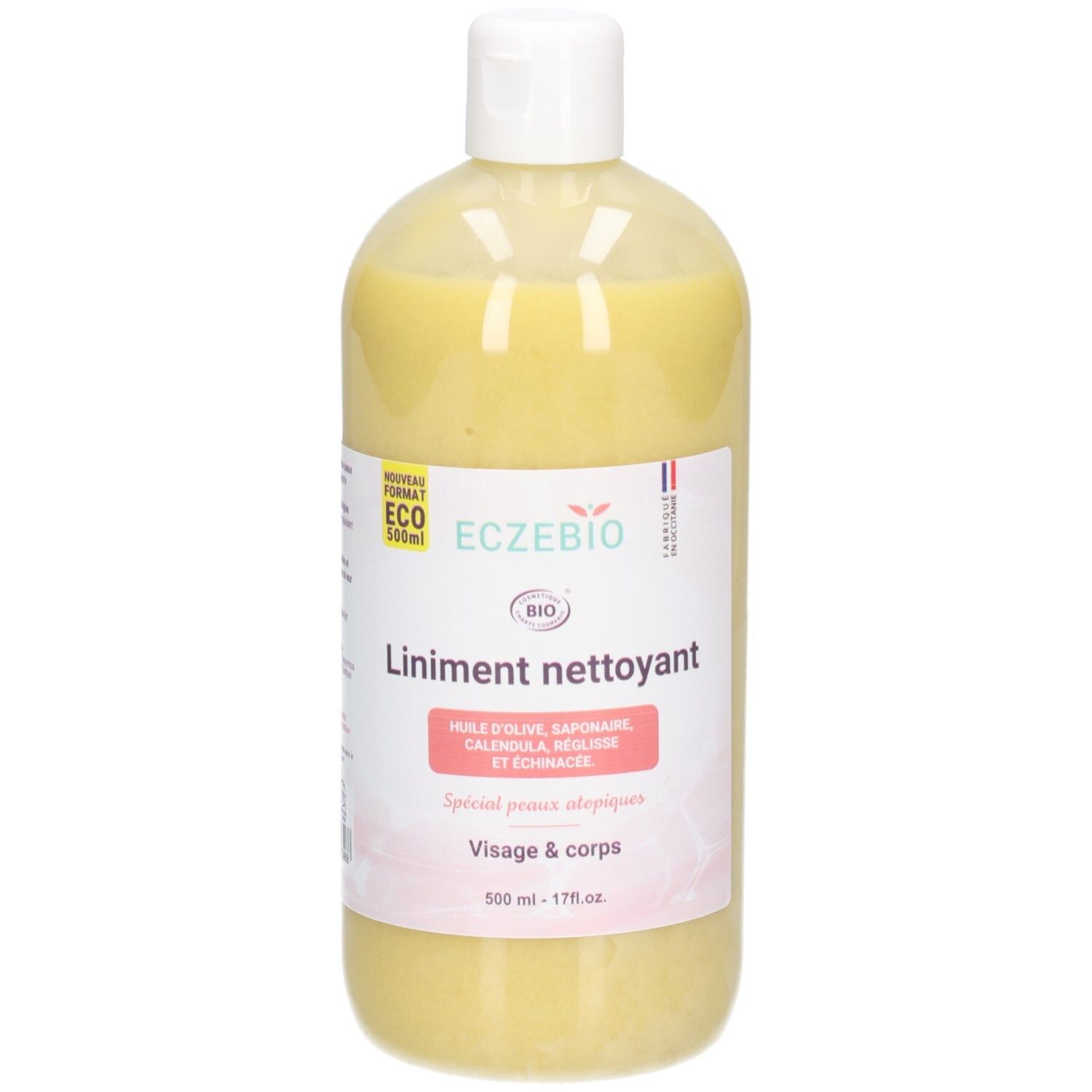 Flacon de liniment jaune, étiquette "Liniment nettoyant" et "Visage & corps".
