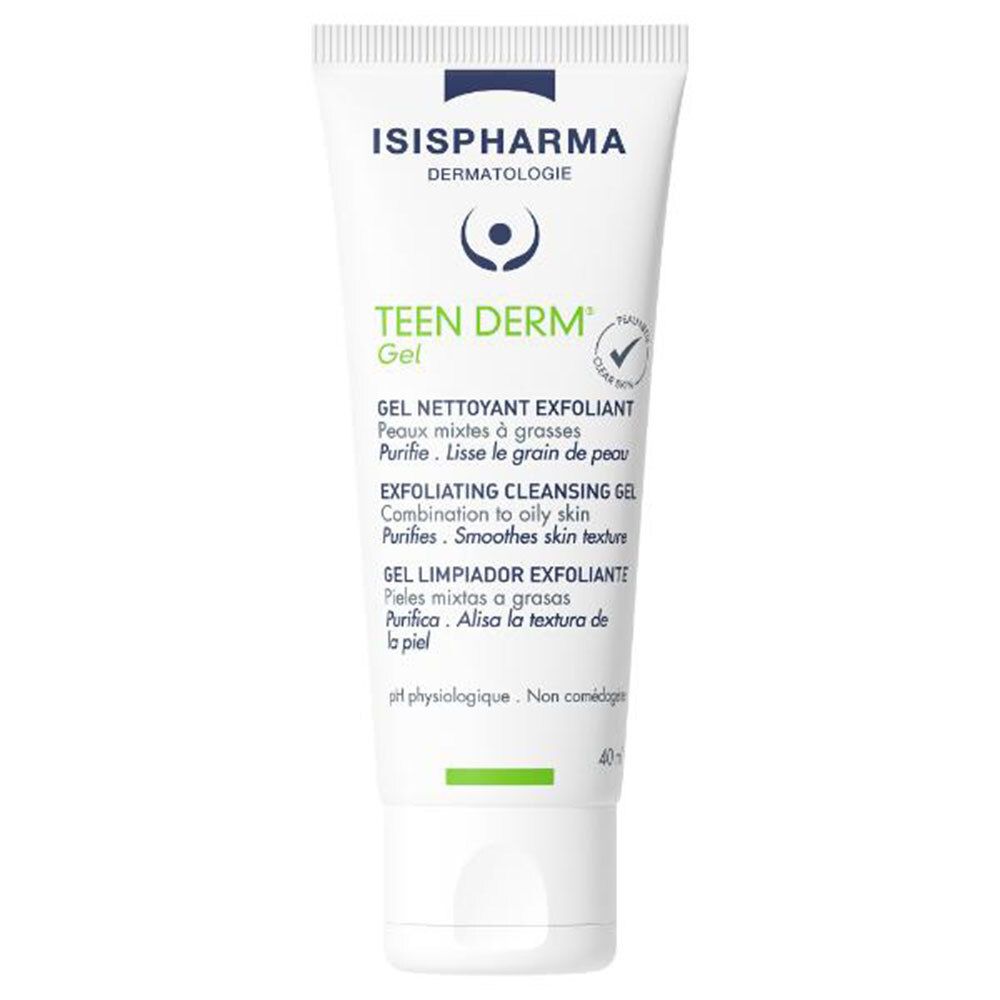 Tube blanc avec inscriptions bleues et vertes. Marque ISISPHARMA, Teen Derm Gel. Texte multilingue.