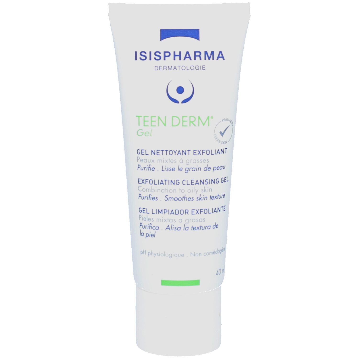 Tube blanc avec inscriptions bleues et vertes. Marque ISISPHARMA, Teen Derm Gel. Texte multilingue.