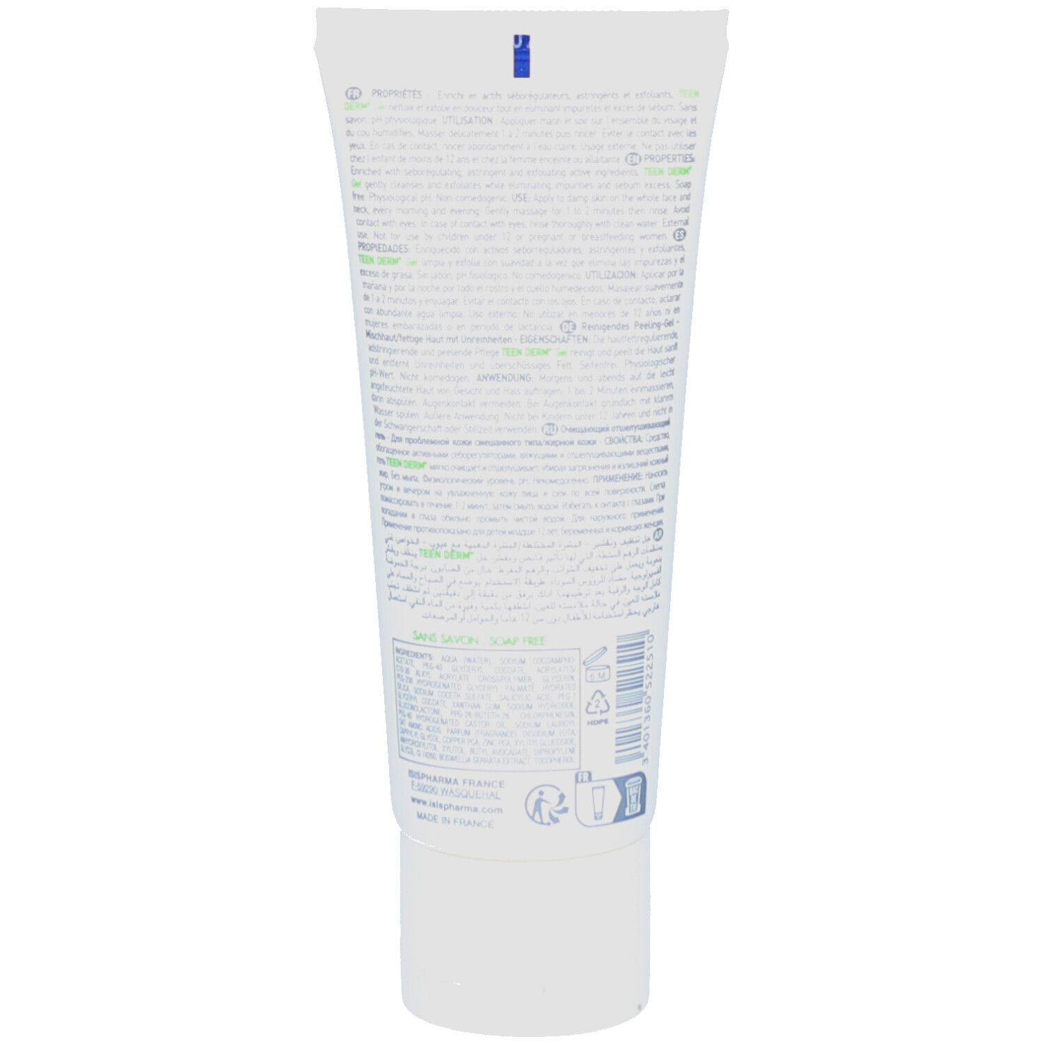Dos d'un tube blanc. Contient du texte en plusieurs langues. Informations sur le produit et les ingrédients.
