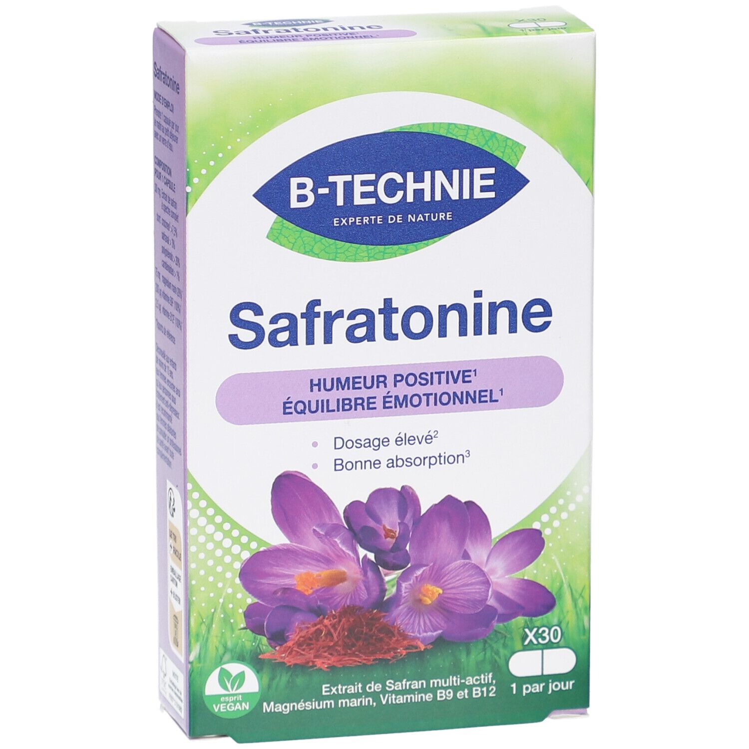 Vue de face de la boîte B-TECHNIE SAFRATONINE GELUL 30. Texte Safratonine, Humour Positive, Équilibre Émotionnel. Illustration de fleurs de safran.