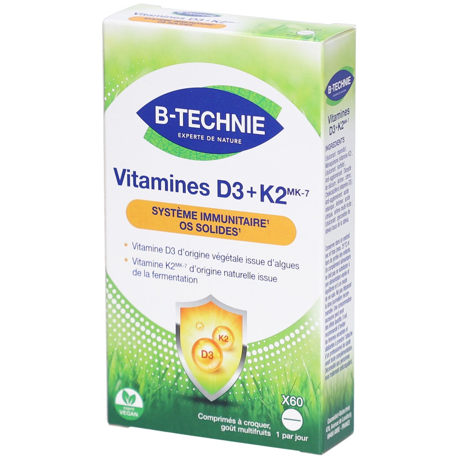 Boîte de B-TECHNIE Vitamines D3+K2. Design vert et blanc. Contient 60 comprimés. Vegan.