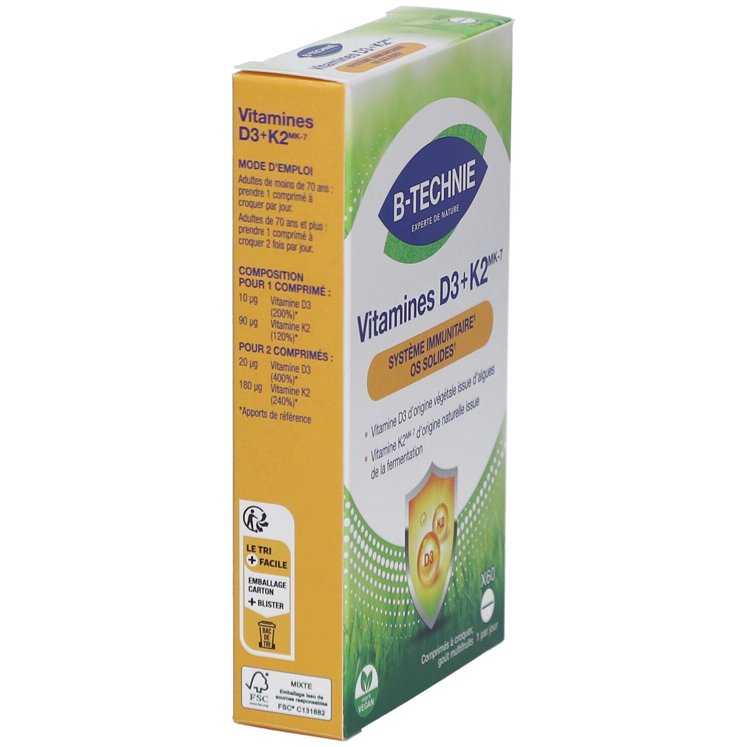 Vue latérale de la boîte B-TECHNIE Vitamines D3+K2. Informations sur le dosage et les ingrédients.