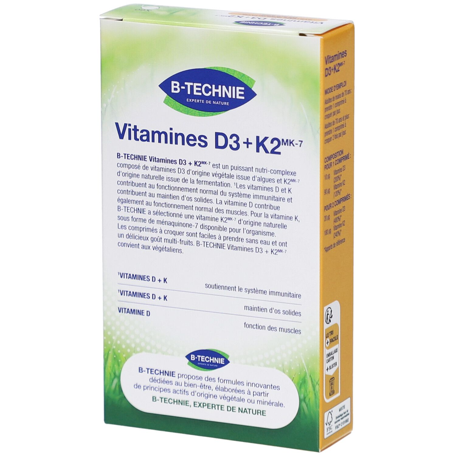 Dos de la boîte B-TECHNIE Vitamines D3+K2. Texte sur les bienfaits et les ingrédients.