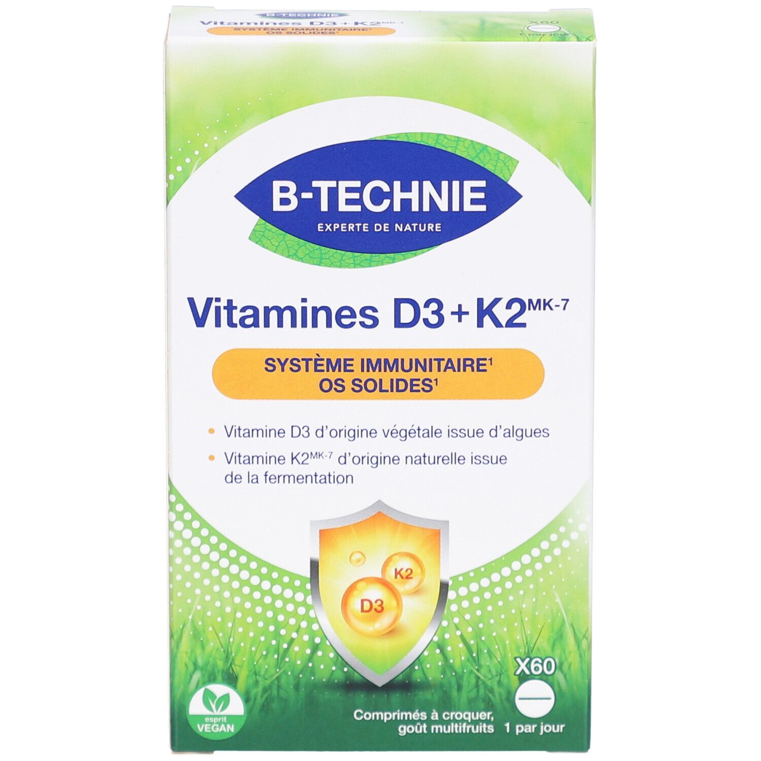 Vue de face de la boîte B-TECHNIE Vitamines D3+K2. Design vert et blanc. Contient 60 comprimés. Vegan.