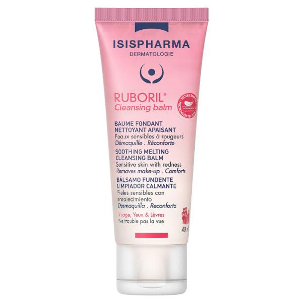 Tube rose avec bouchon blanc. Inscription: ISISPHARMA, RUBORIL Cleansing balm. Texte multilingue.