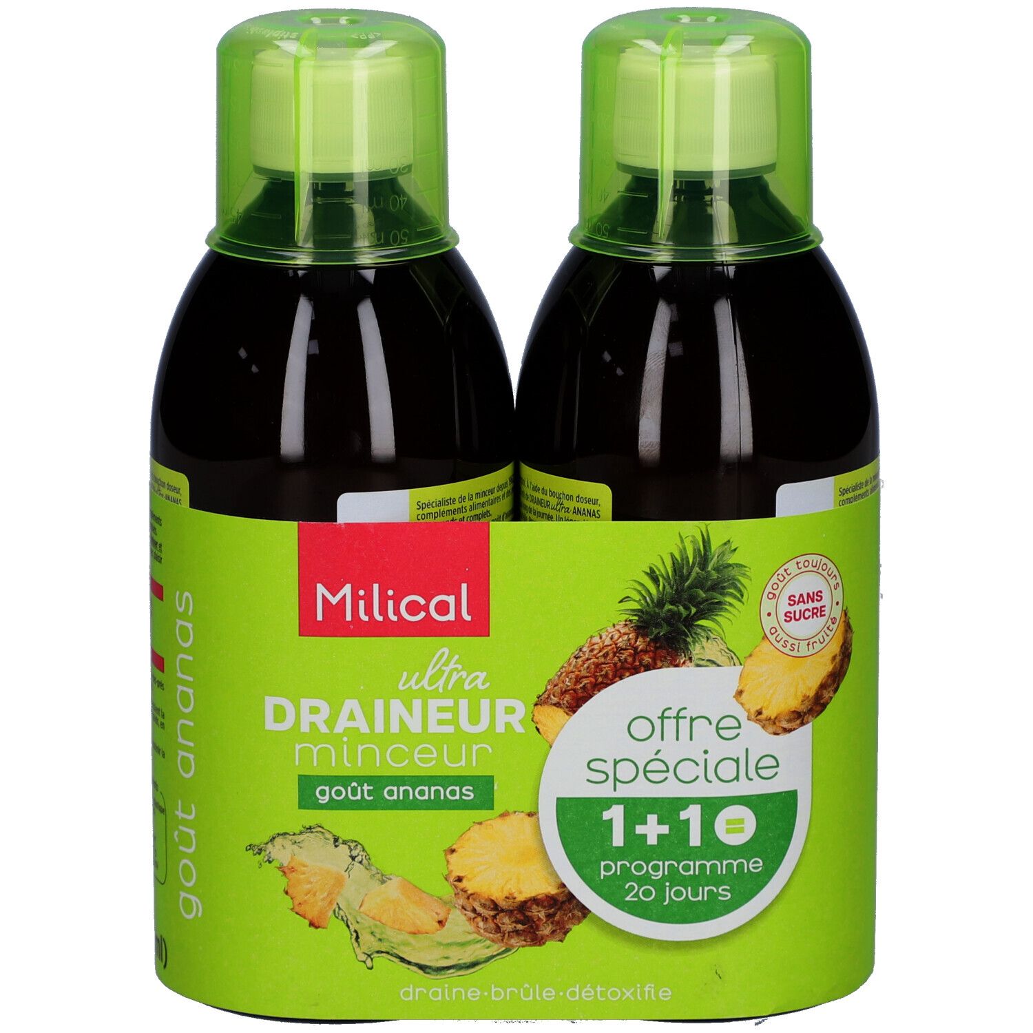 Deux bouteilles avec bouchons verts et étiquette. Inscription: Milical, Ultra, Draineur Minceur, goût ananas. Offre spéciale 1+1.