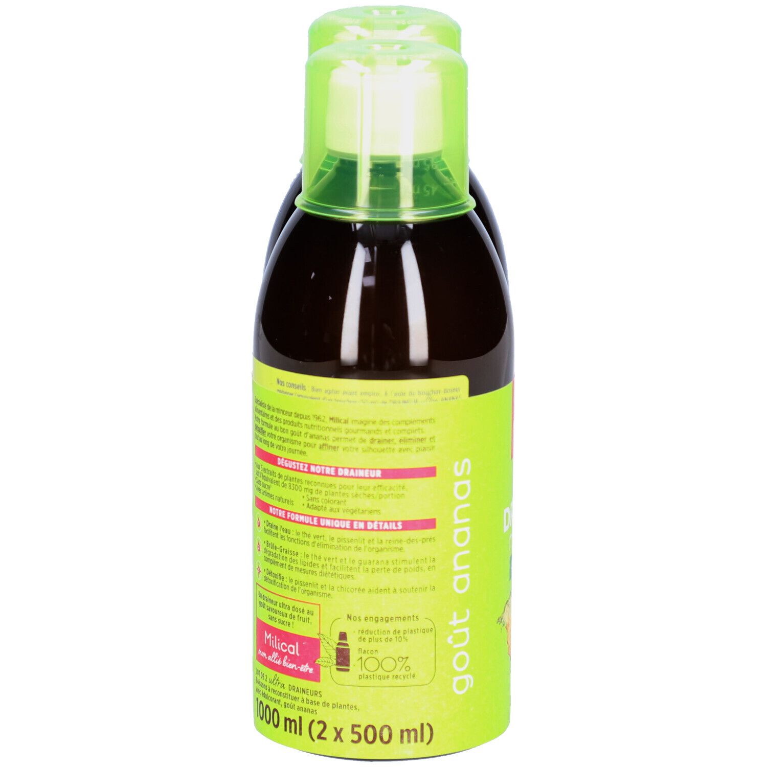 Dos des bouteilles. Inscription: Milical, goût ananas. Texte en français. 1000 ml (2 x 500 ml).