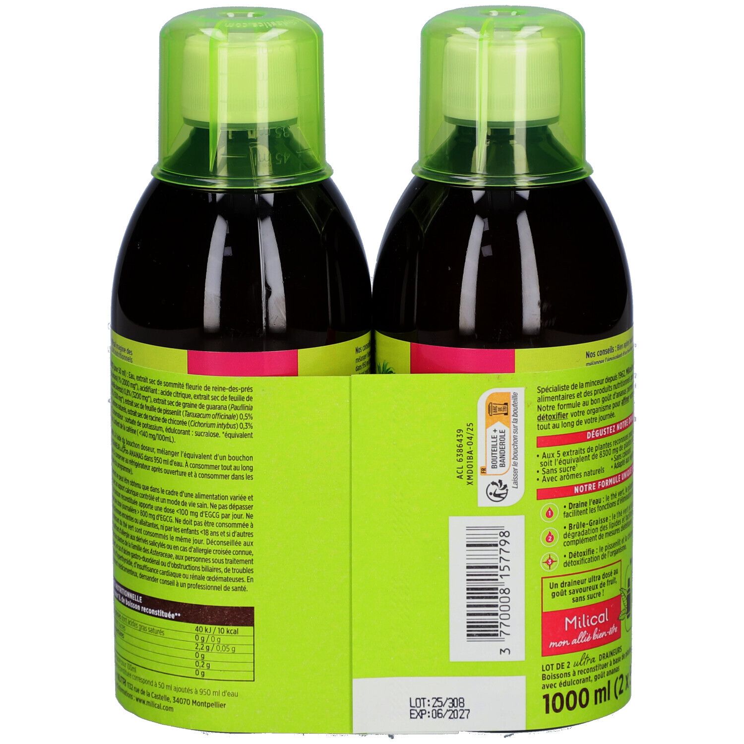 Dos des bouteilles. Inscription: Milical. Texte en français. Date de péremption et numéro de lot.