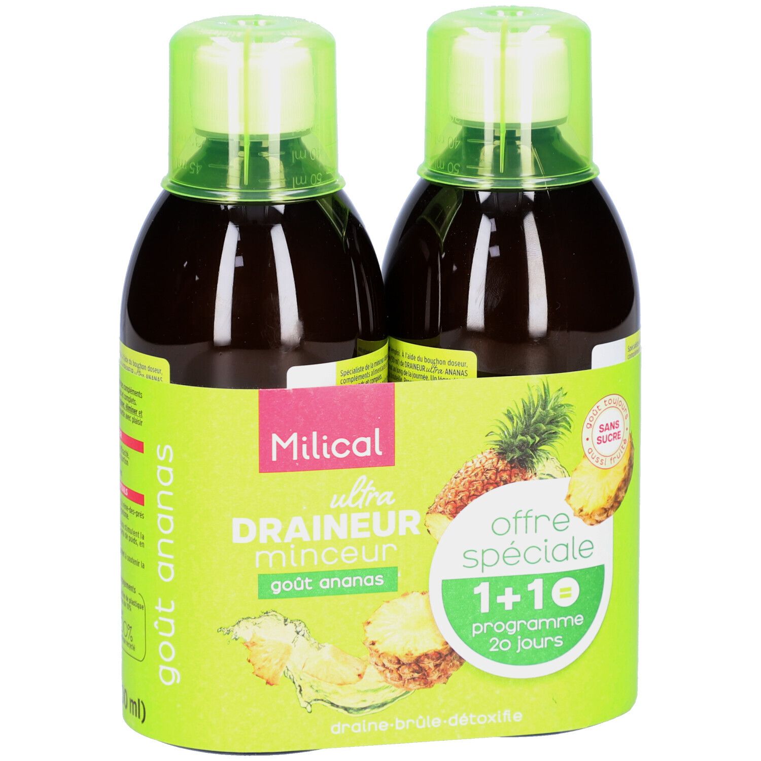 Deux bouteilles avec bouchons verts et étiquette. Inscription: Milical, Ultra, Draineur Minceur, goût ananas. Offre spéciale 1+1.