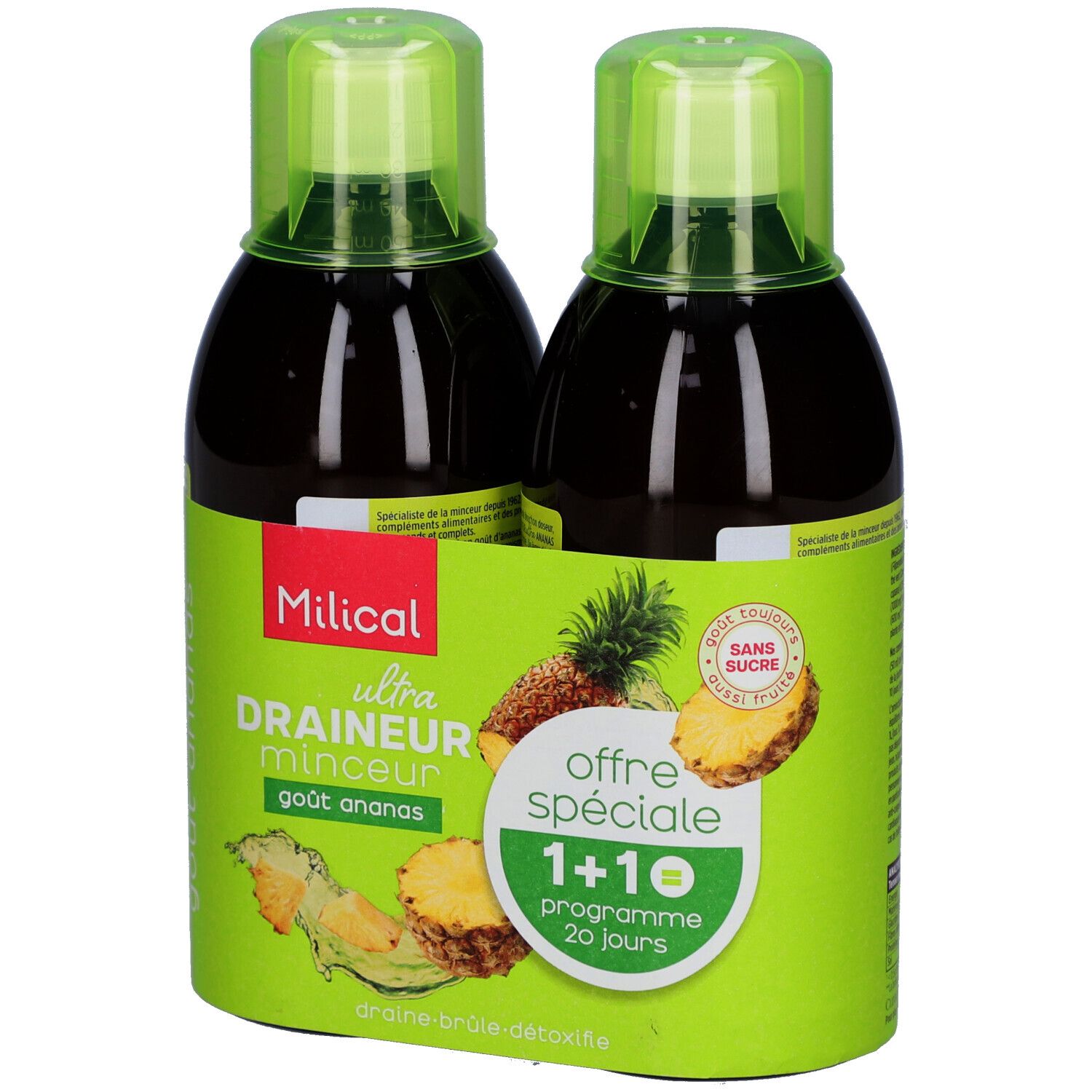 Deux bouteilles avec bouchons verts et étiquette. Inscription: Milical, Ultra, Draineur Minceur, goût ananas. Offre spéciale 1+1.
