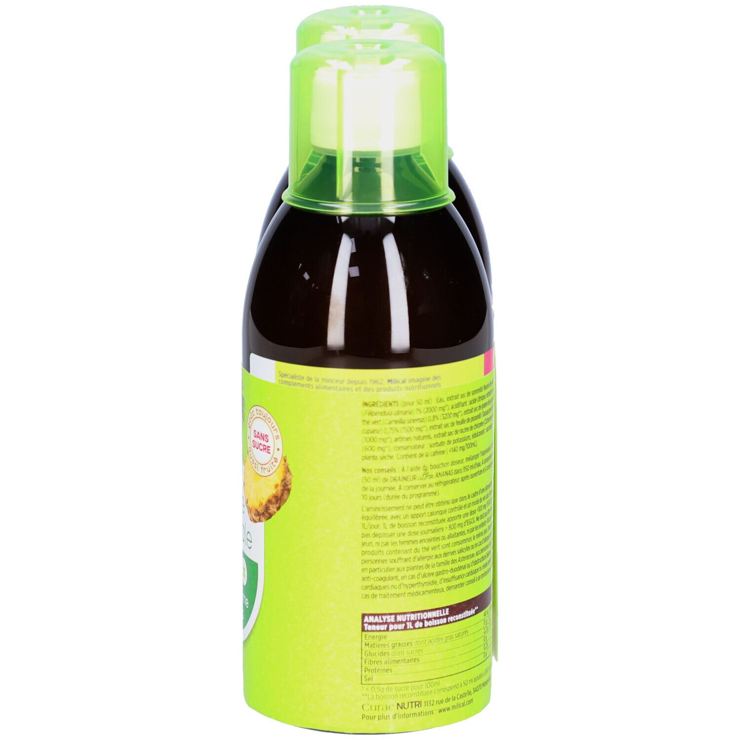 Dos des bouteilles. Inscription: Milical. Texte en français. Informations nutritionnelles.