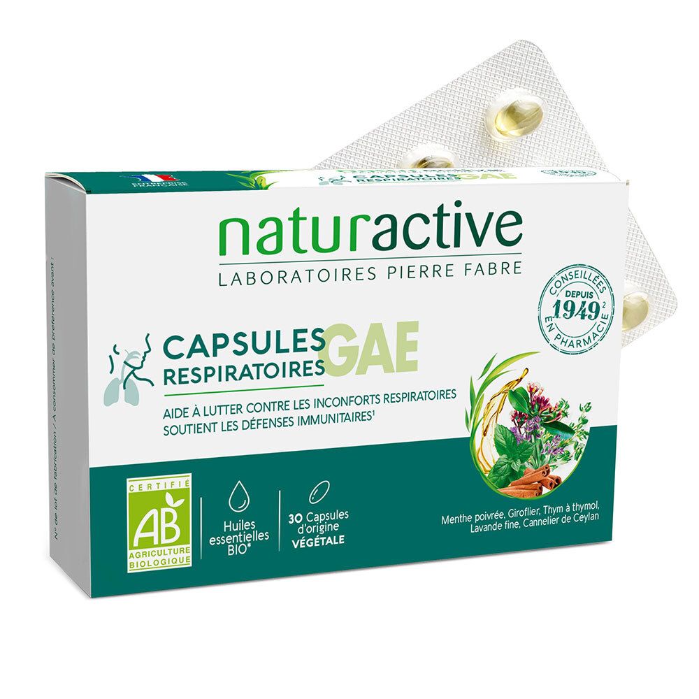 Boîte blanche et verte avec plaquette de gélules. Texte: naturactive, CAPSULES RESPIRATOIRES GAE, 30 capsules végétales.