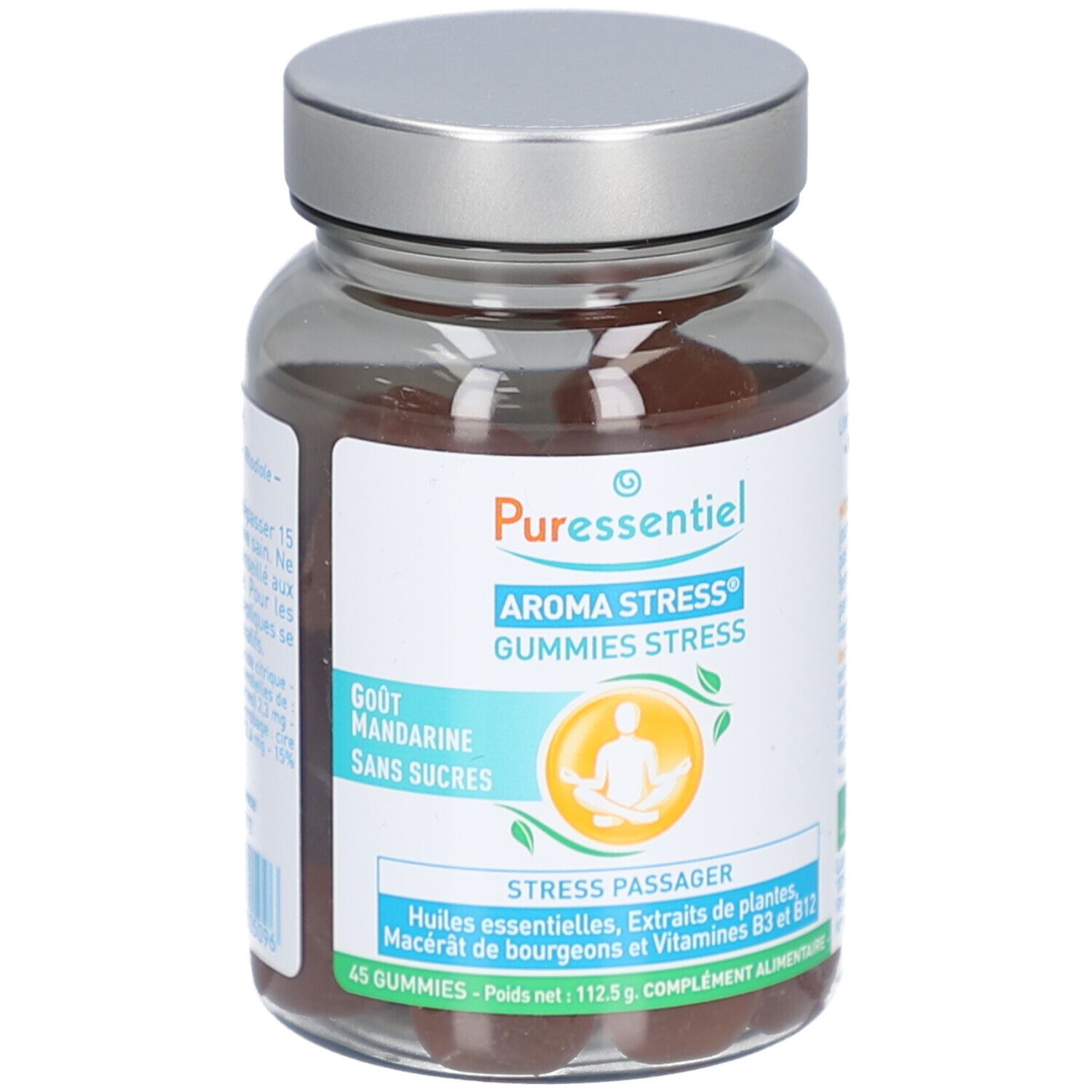 Flacon de Gummies Stress Puressentiel. Étiquette avec nom du produit, goût mandarine, sans sucres et informations sur les ingrédients.