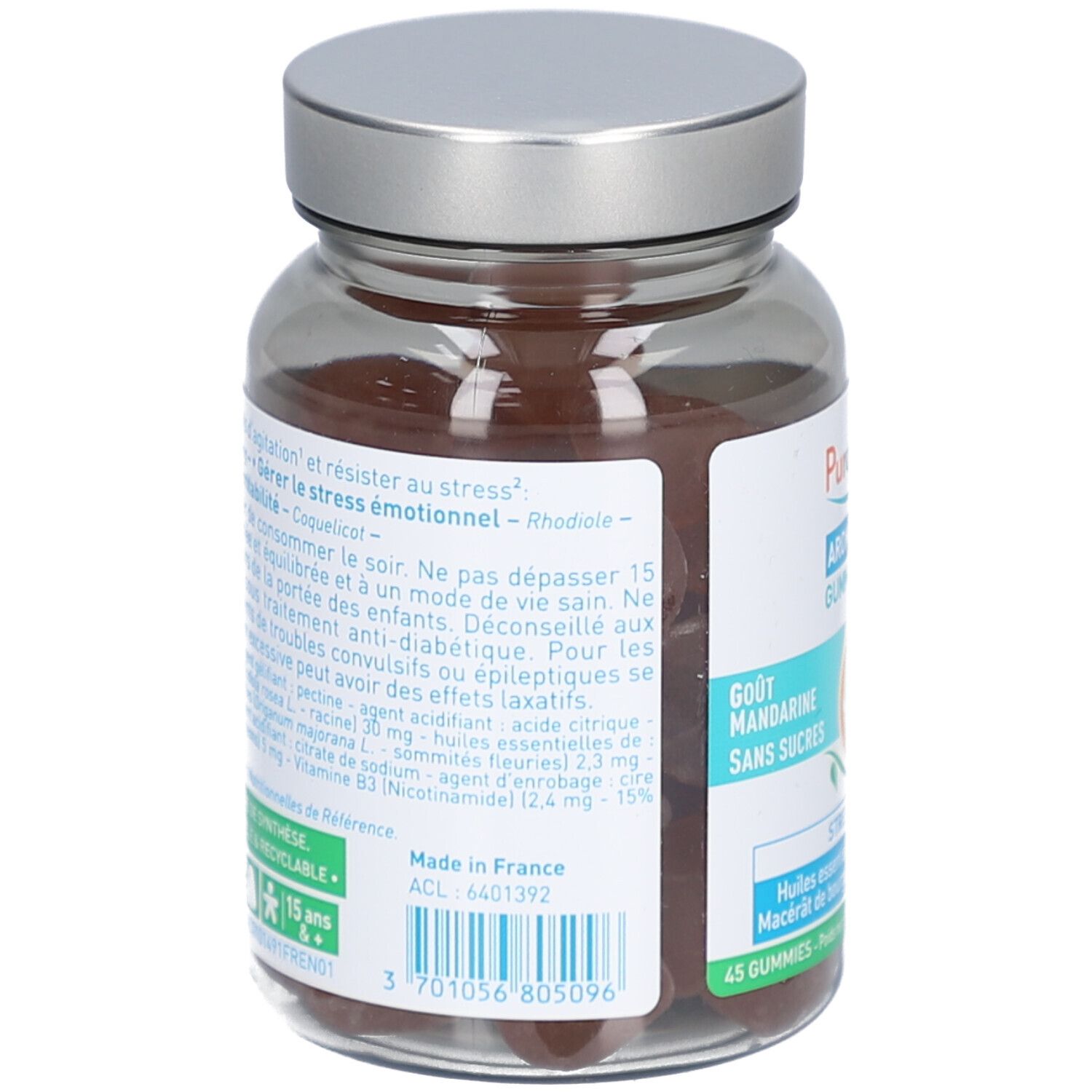 Vue arrière du flacon de Gummies Puressentiel. Étiquette avec ingrédients, mode d'emploi et informations d'origine.