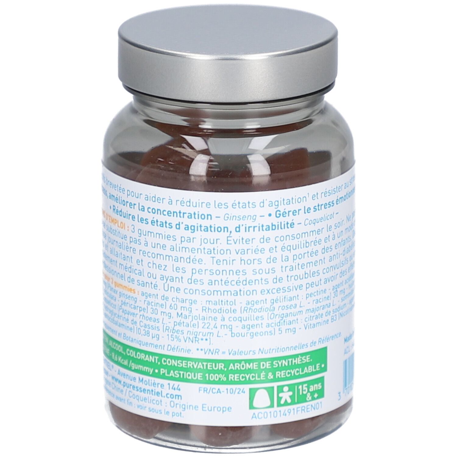 Vue arrière du flacon de Gummies Puressentiel. Étiquette avec ingrédients, mode d'emploi et informations d'origine.