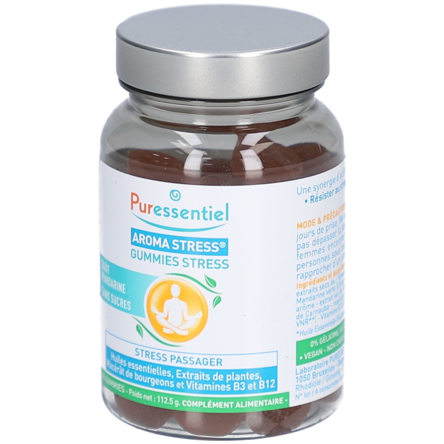 Flacon de Gummies Stress Puressentiel. Étiquette avec nom du produit, goût mandarine, sans sucres et informations sur les ingrédients.