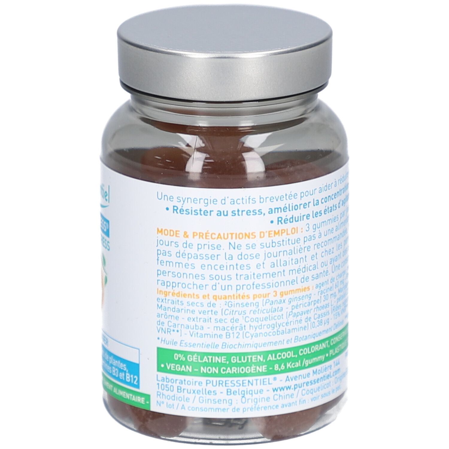 Vue arrière du flacon de Gummies Puressentiel. Étiquette avec ingrédients, mode d'emploi et informations d'origine.