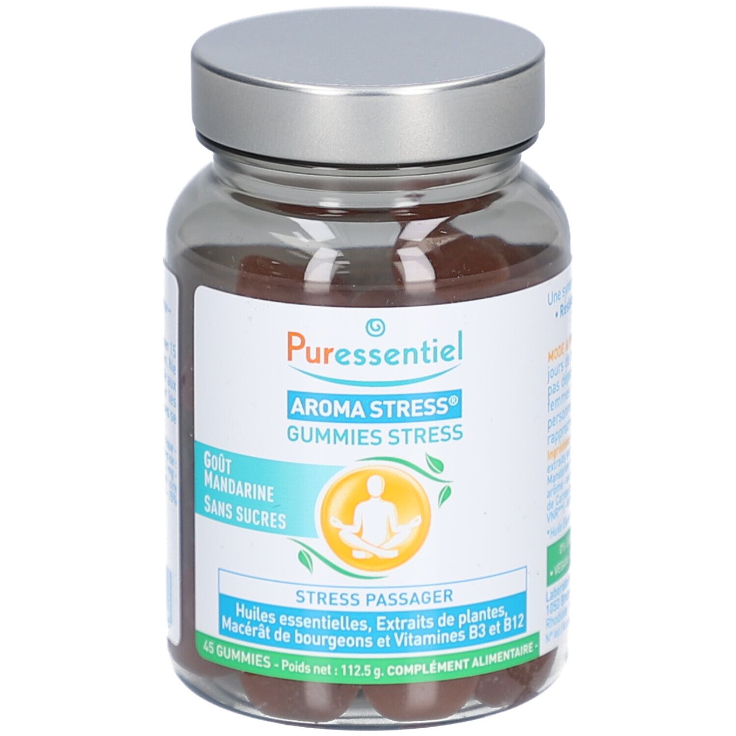 Flacon de Gummies Stress Puressentiel. Étiquette avec nom du produit, goût mandarine, sans sucres et informations sur les ingrédients.