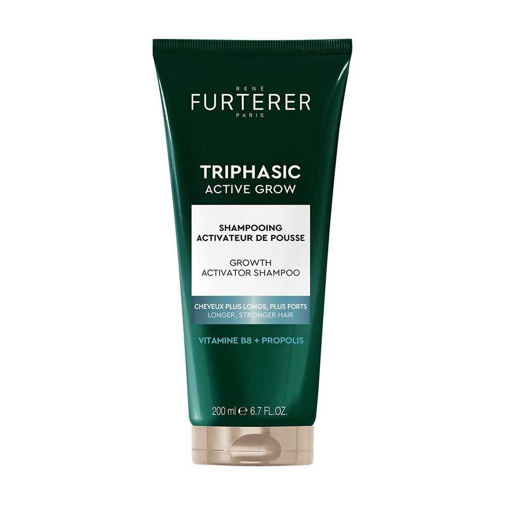 Tube vert avec logo FURTERER et nom du produit Triphasic Active Grow. Contient du shampooing. Inscription : Growth Activator Shampoo.