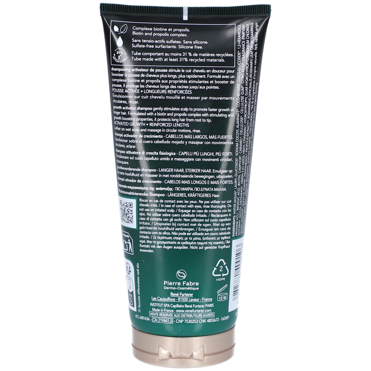 Dos du tube. Texte multilingue. Ingrédients: Biotine, Propolis. Indication: Tube en matériau recyclé.