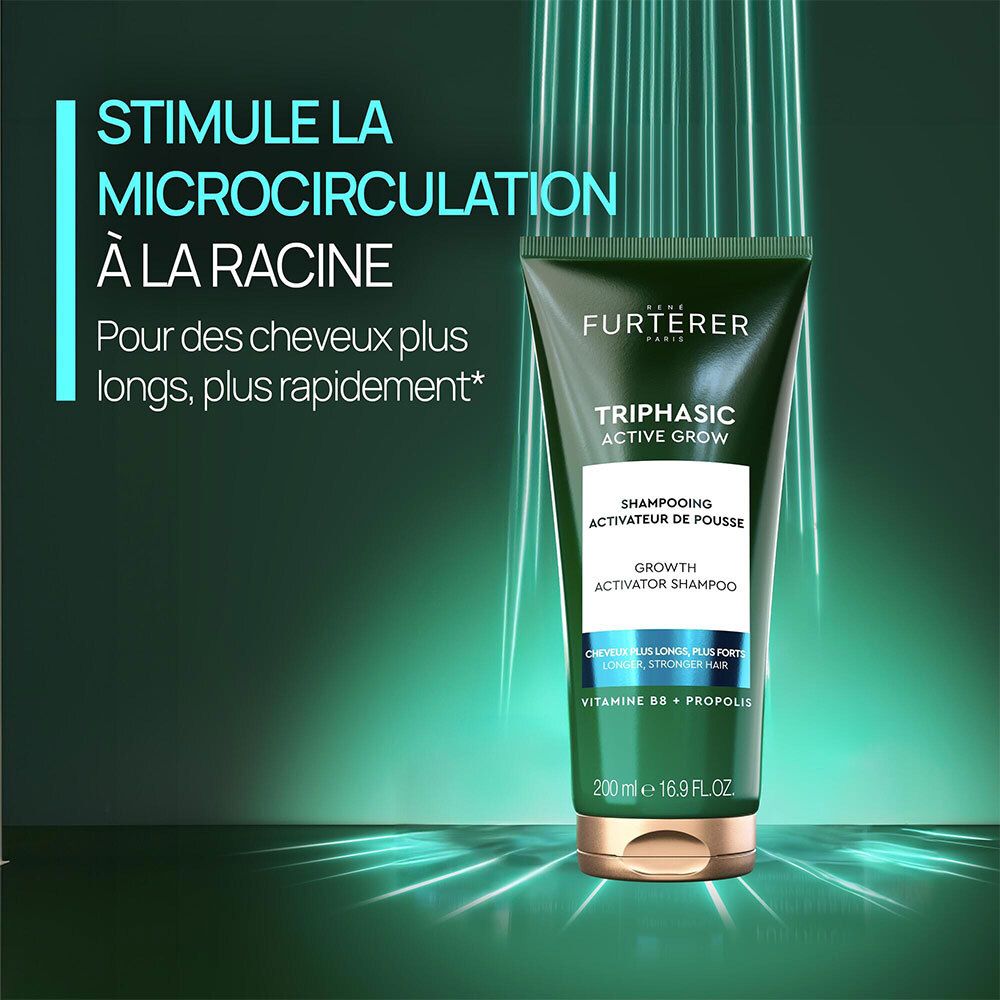 Tube vert avec le nom du produit Triphasic Active Grow. Texte : Stimule la microcirculation. Pour des cheveux plus longs.