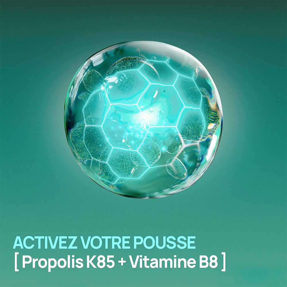 Bulle de liquide bleu. Texte : Activez votre pousse. Propolis K85 + Vitamine B8.