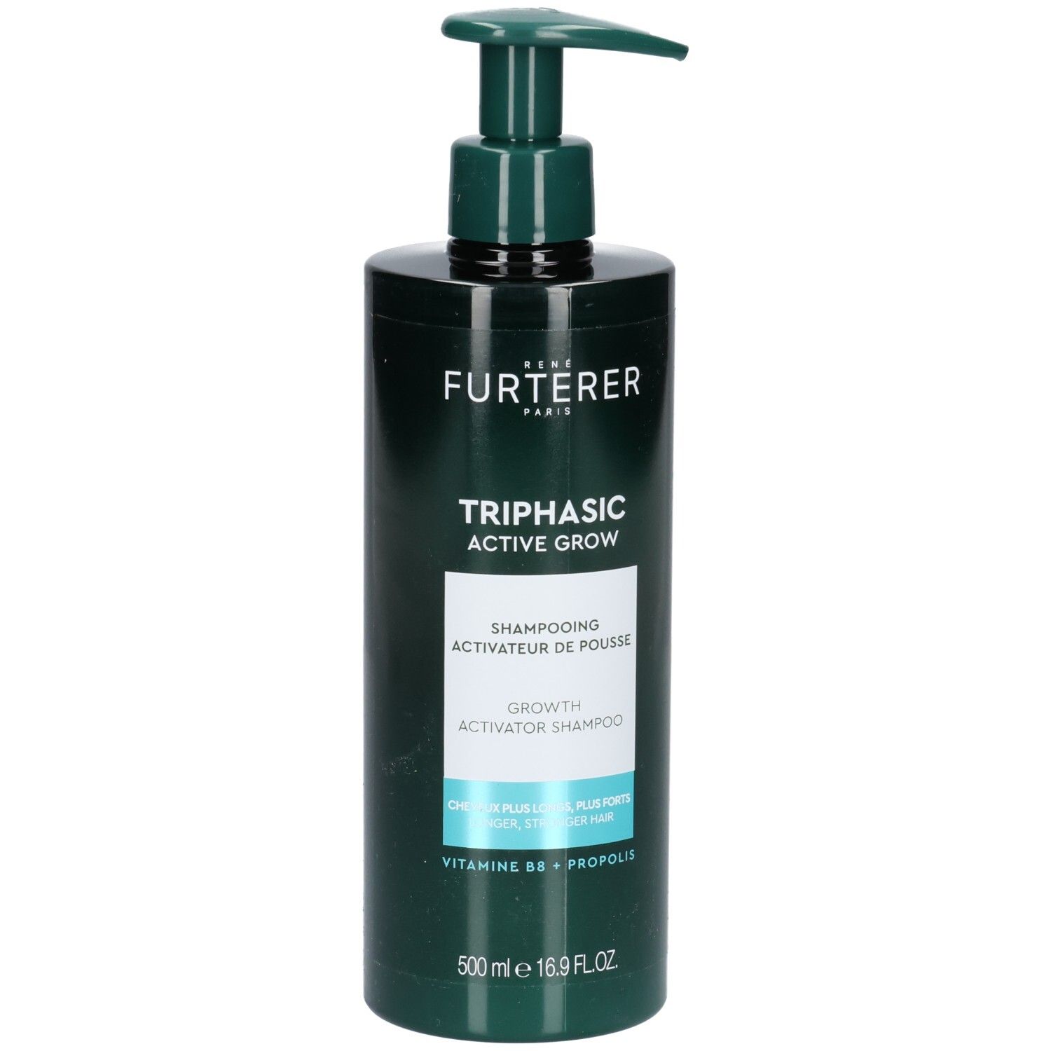 Flacon vert avec pompe. Inscription: René Furterer, Triphasic Active Grow, Growth Activator Shampoo. 500 ml.