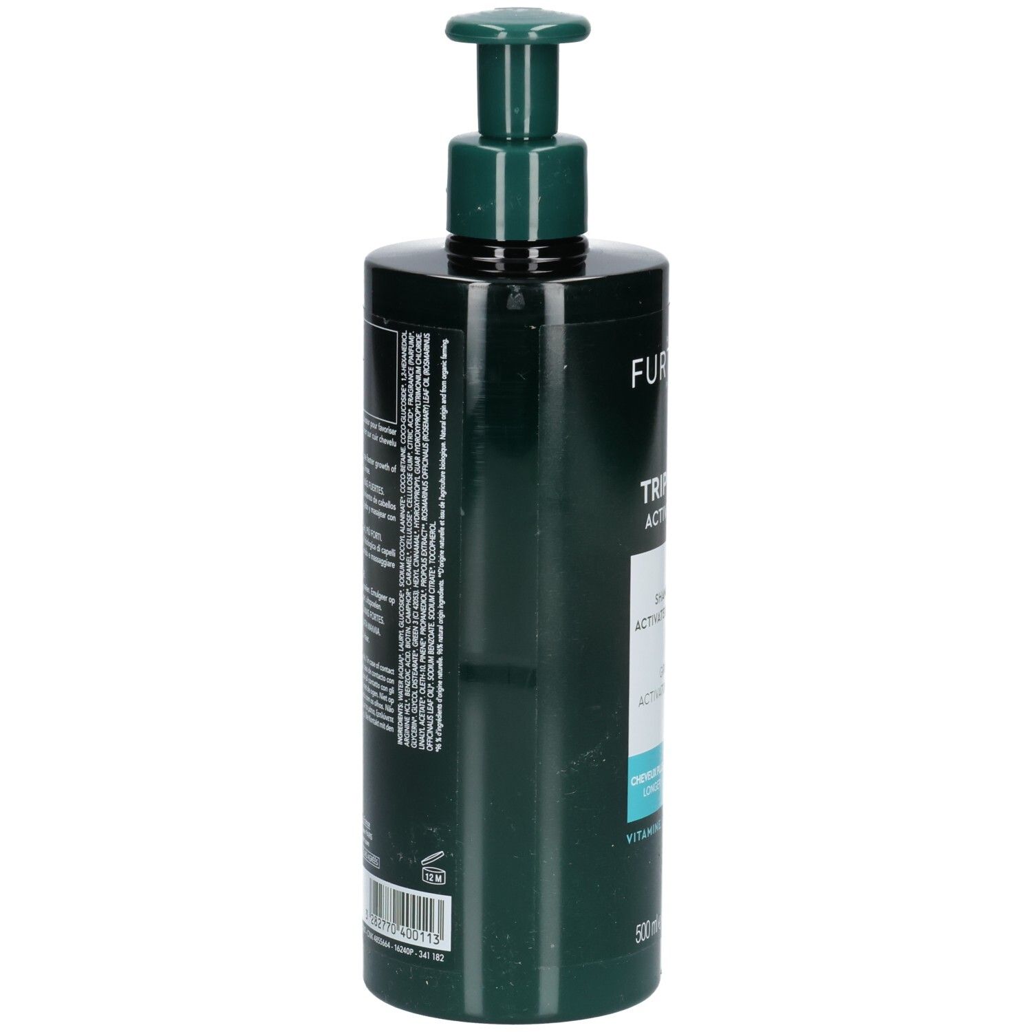 Flacon vert avec pompe. Texte au dos. 500 ml. Informations sur la composition et l'utilisation.