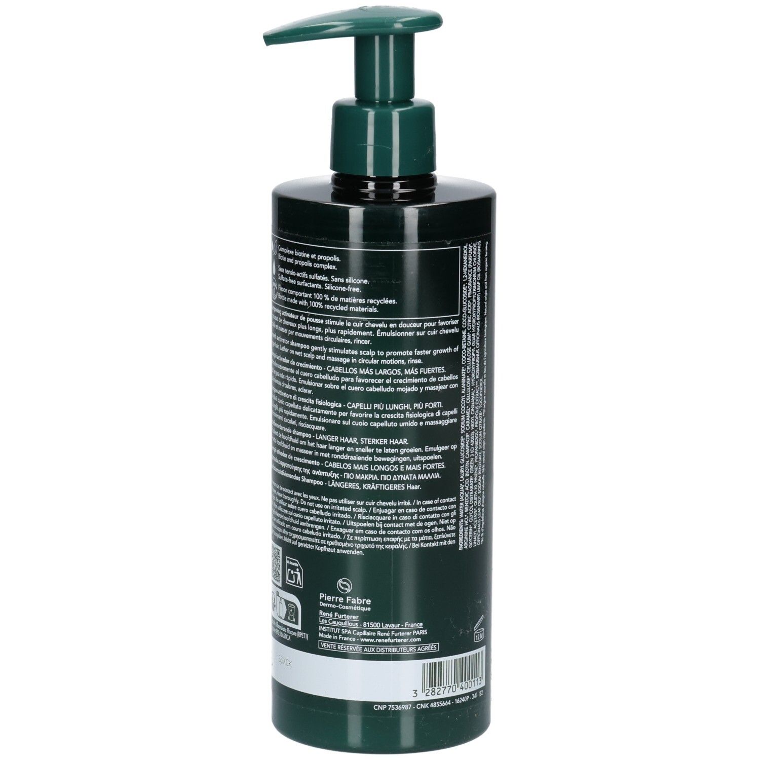 Dos du flacon vert avec pompe. Texte multilingue. 500 ml. Informations sur l'utilisation.