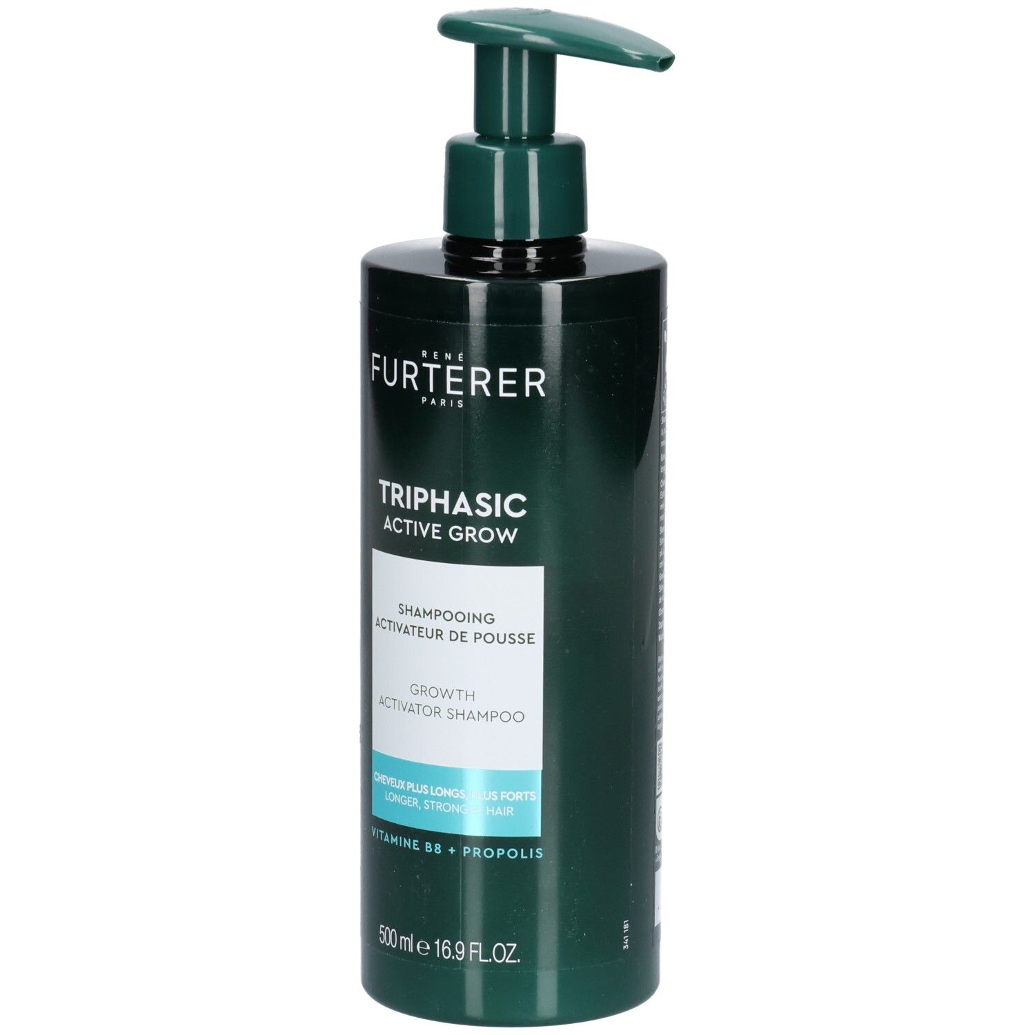 Flacon vert avec pompe. Inscription: René Furterer, Triphasic Active Grow, Growth Activator Shampoo. 500 ml.