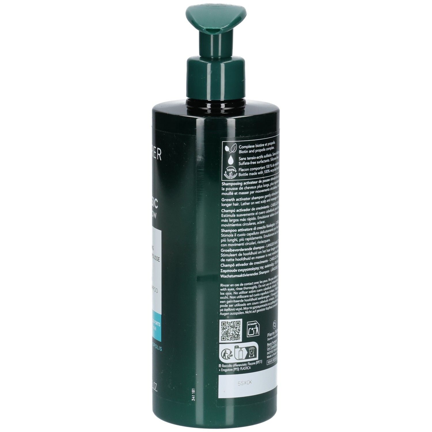 Dos du flacon vert avec pompe. Texte multilingue. 500 ml. Informations sur l'utilisation.