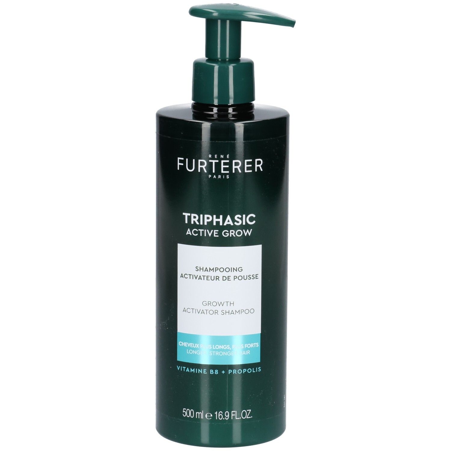 Flacon vert avec pompe. Inscription: René Furterer, Triphasic Active Grow, Growth Activator Shampoo. 500 ml.