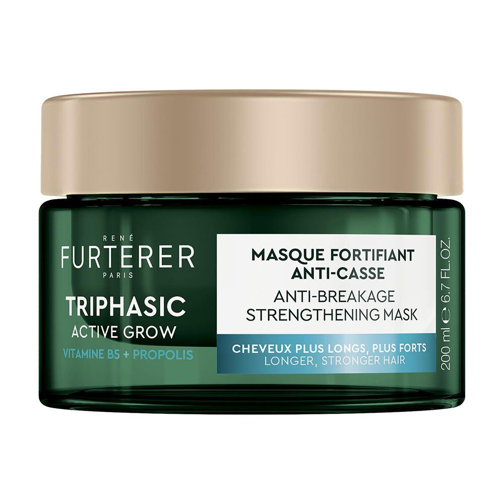 Pot vert foncé avec couvercle doré. Inscription : FURTERER, Triphasic Active Grow, Masque Fortifiant Anti-Casse.