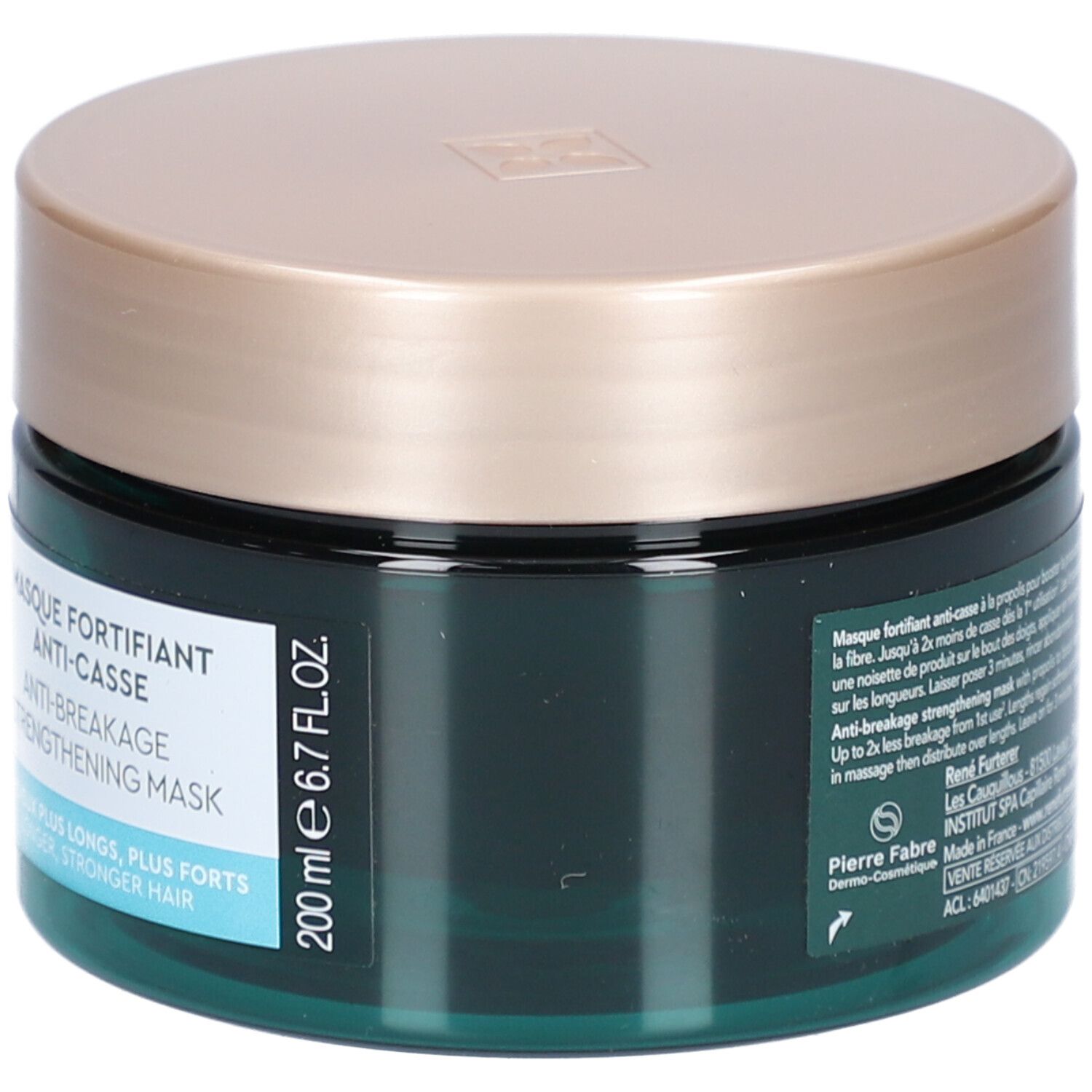 Pot avec couvercle doré. Texte sur le côté. Inscription : FURTERER PARIS, Triphasic Active Grow. Texte : Masque Fortifiant Anti-Casse. 200 ml.