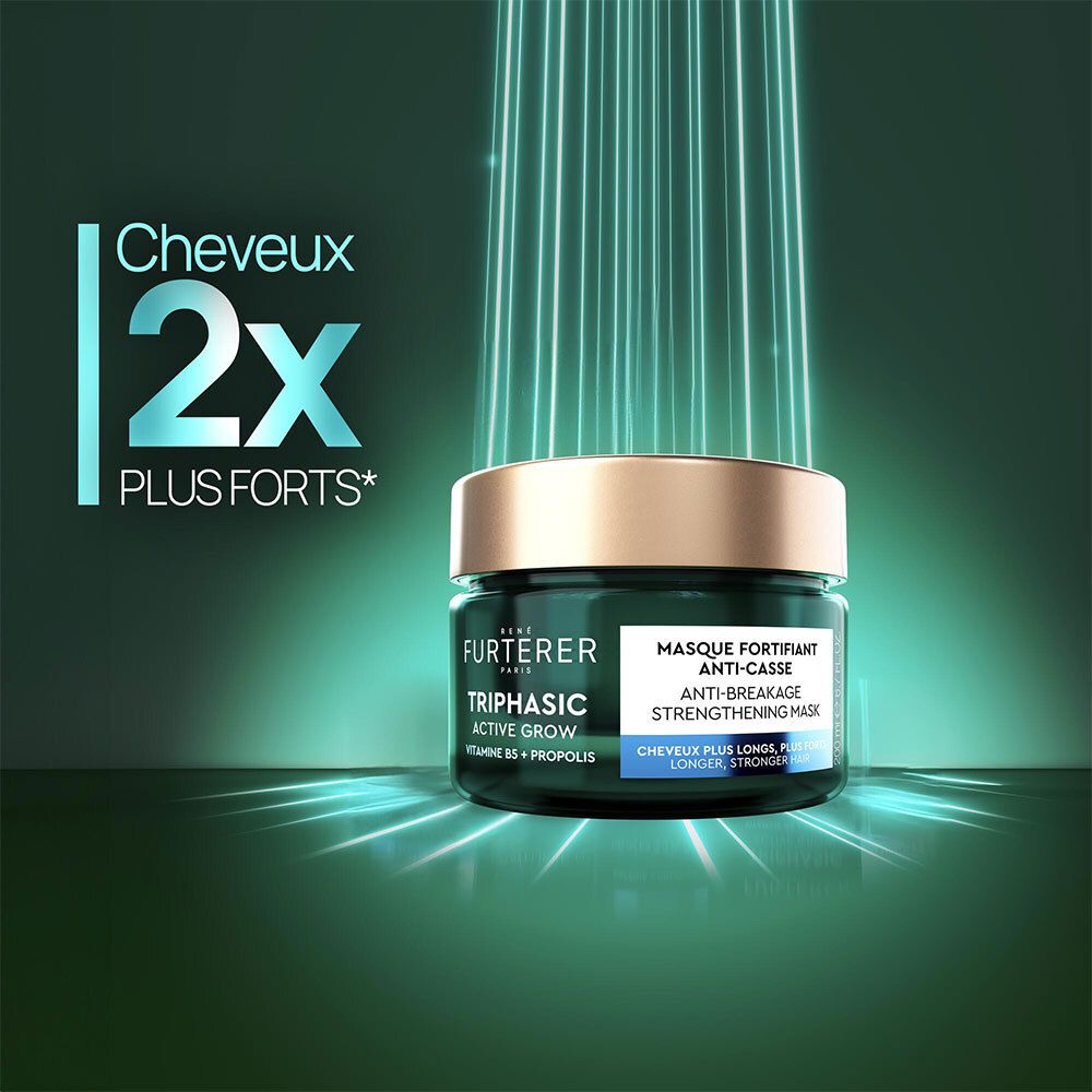 Pot vert foncé avec couvercle doré. Texte : Cheveux 2x plus forts. Nom du produit : Triphasic Active Grow.