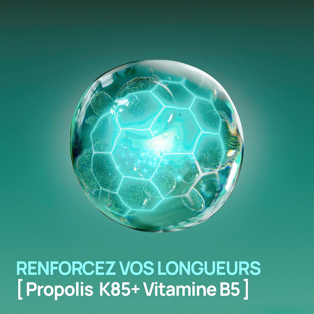 Bulle avec motifs hexagonaux. Texte : Renforcez vos longueurs [Propolis K85+ Vitamine B5].