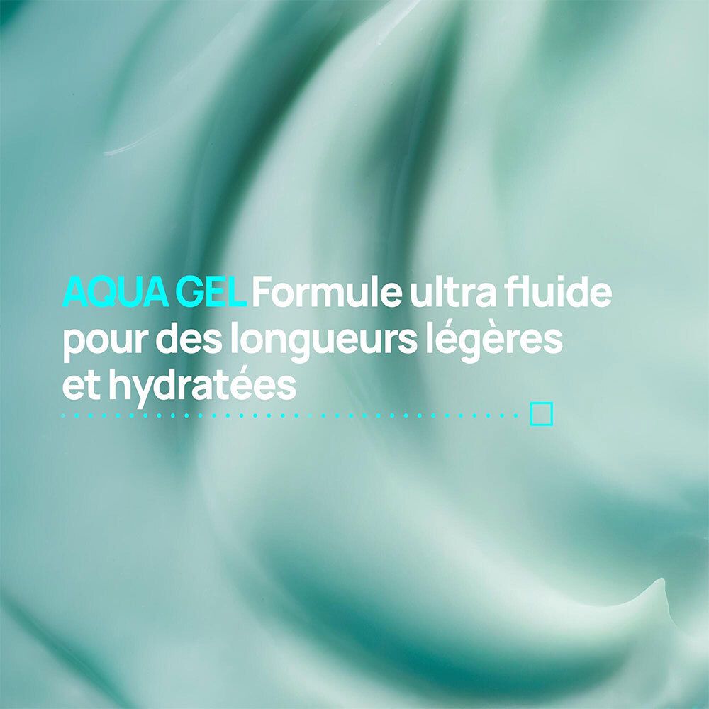 Fond turquoise avec texte : AQUA GEL. Formule ultra fluide pour des longueurs légères et hydratées.