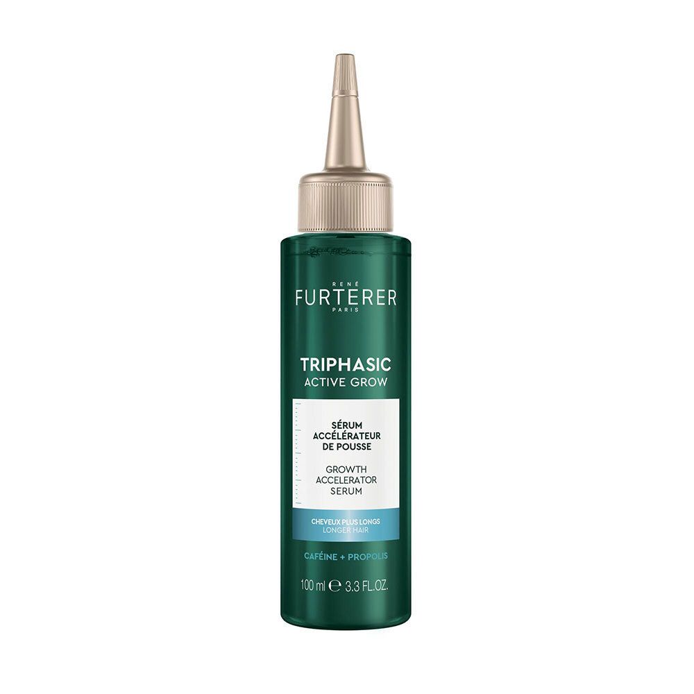 Flacon vert de sérum. Inscription: Triphasic Active Grow, Sérum Accélérateur de Pousse. 100ml.