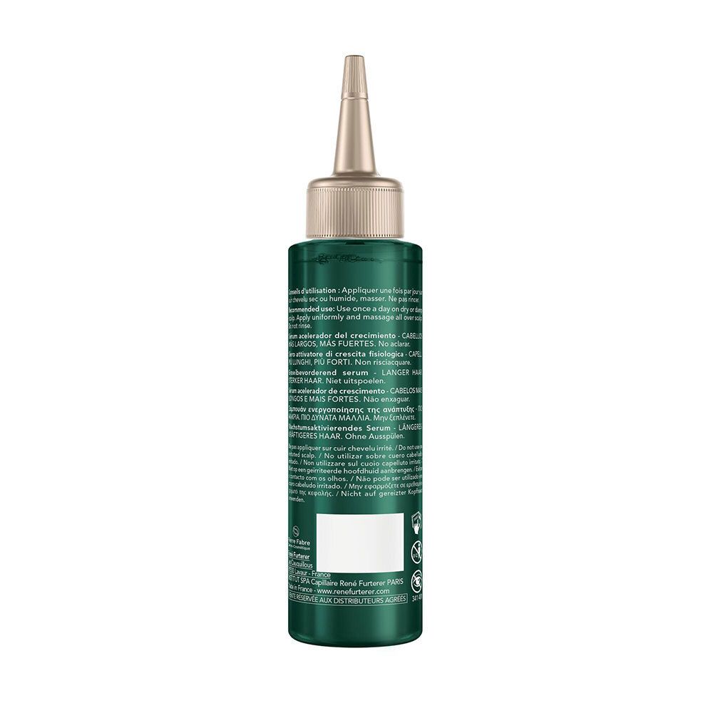 Dos du flacon de sérum vert. Texte multilingue. Contient des informations sur le produit.