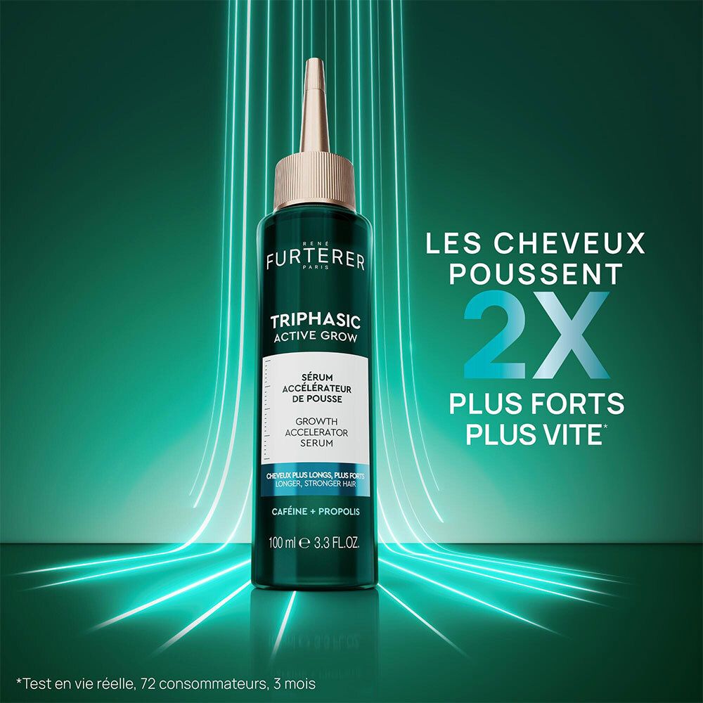 Flacon de sérum avec texte: Triphasic Active Grow. Texte: Les cheveux poussent 2x plus forts plus vite.