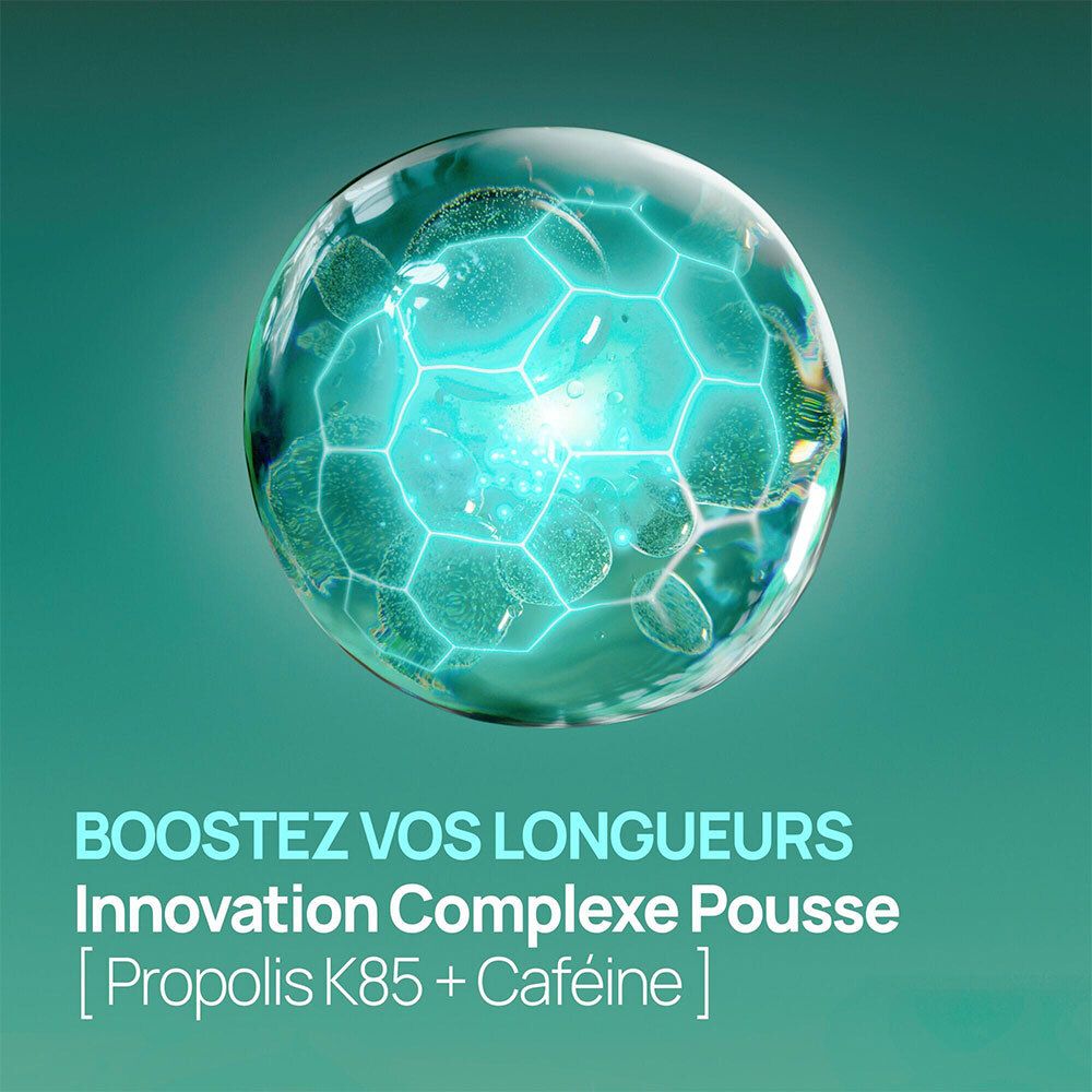 Image d'une sphère avec des bulles bleues. Texte: Innovation Complexe Pousse [Propolis K85 + Caféine].