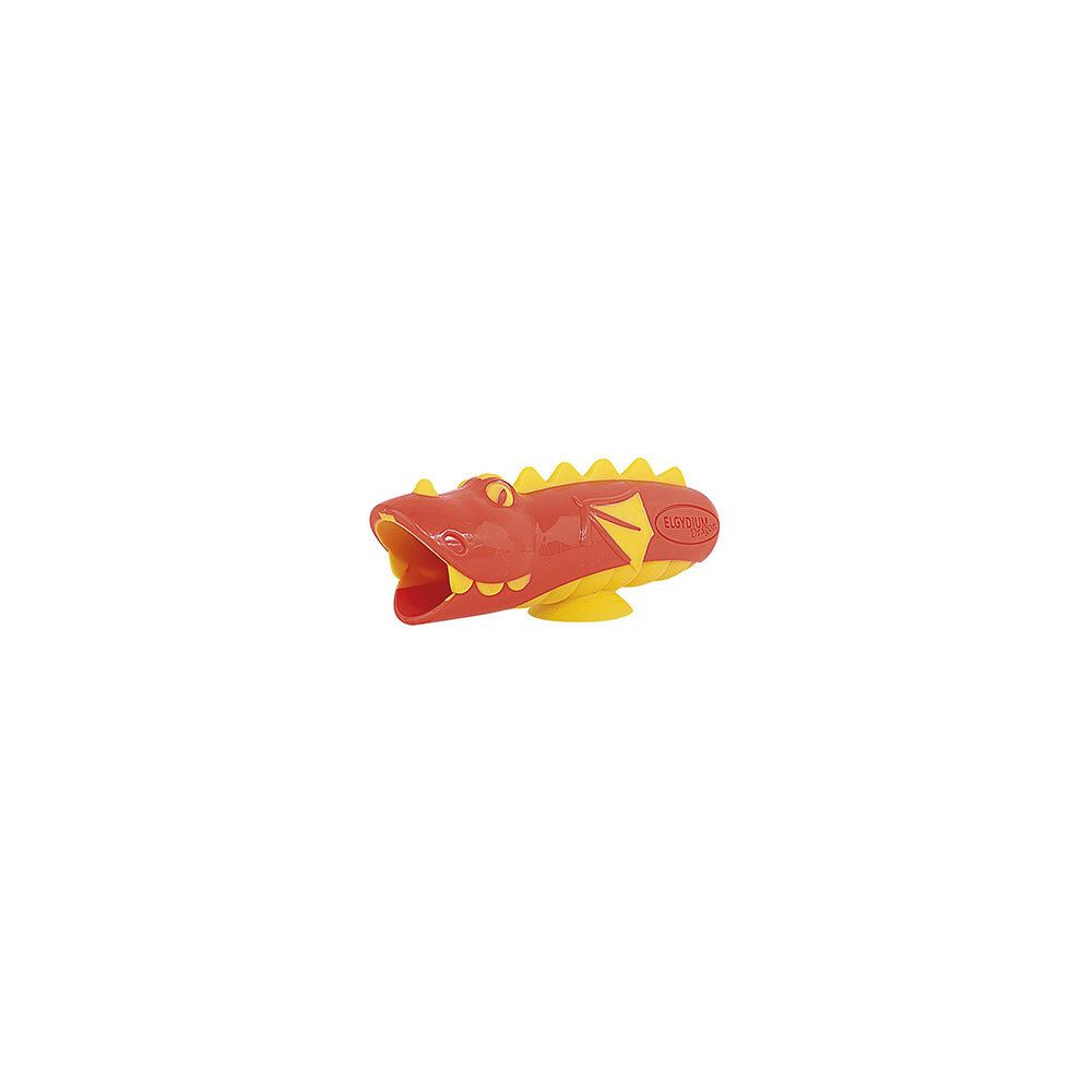 Support de brosse à dents rouge et jaune en forme de dragon. Crêtes jaunes. Ouverture buccale.