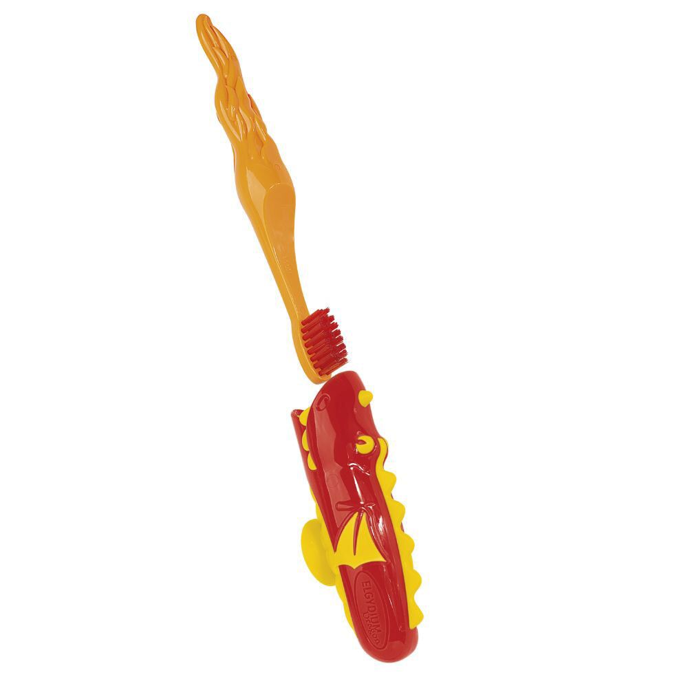 Brosse à dents et support. Brosse orange, support rouge/jaune. Motif dragon.