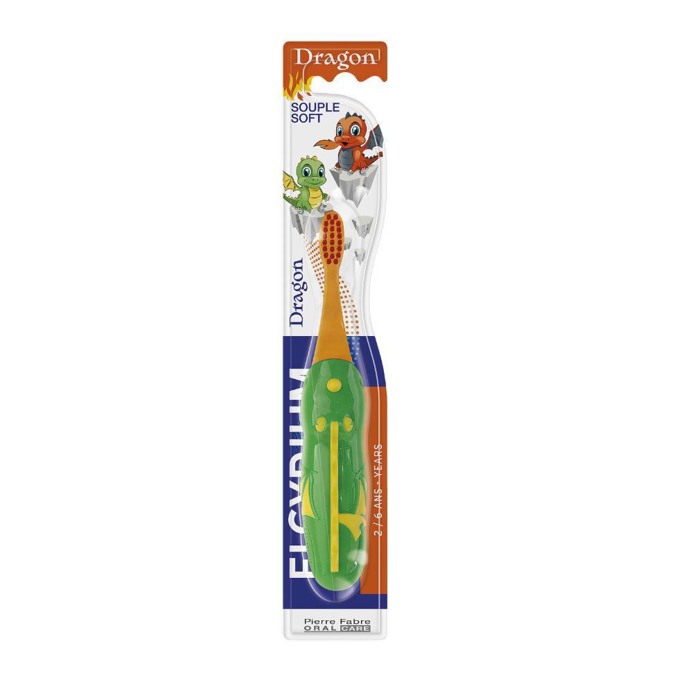 Brosse à dents enfant verte, motif dragon. Soie souple. Recommandé pour 2-6 ans. Logo ELGYDIUM.