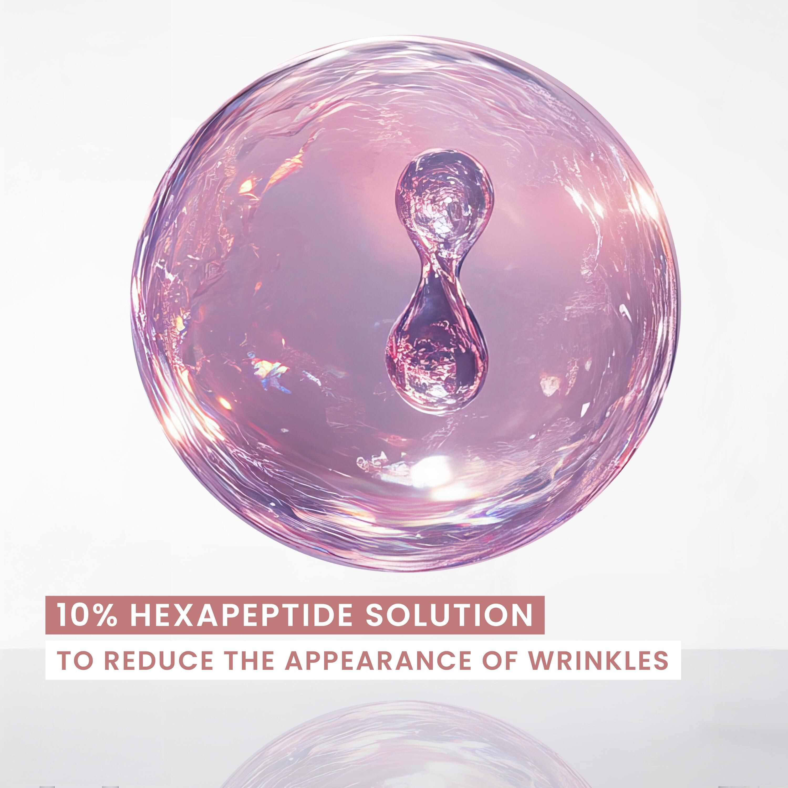 Illustration d'une sphère avec sérum. Texte : Solution 10% d'hexapeptide pour réduire l'apparence des rides.