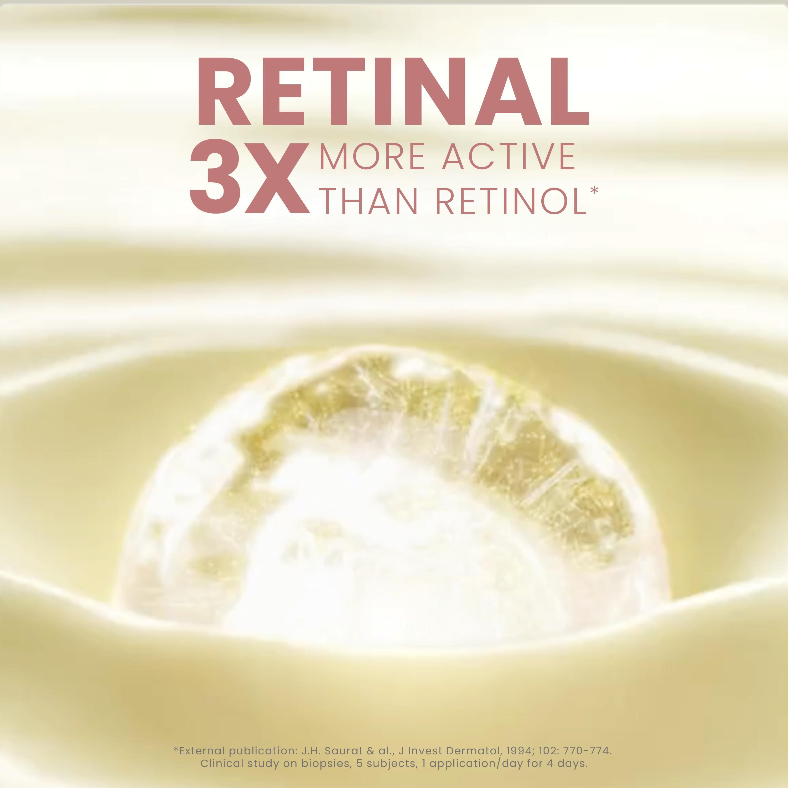 Produit en texture crémeuse. Texte: Rétinal 3x plus actif que le rétinol.