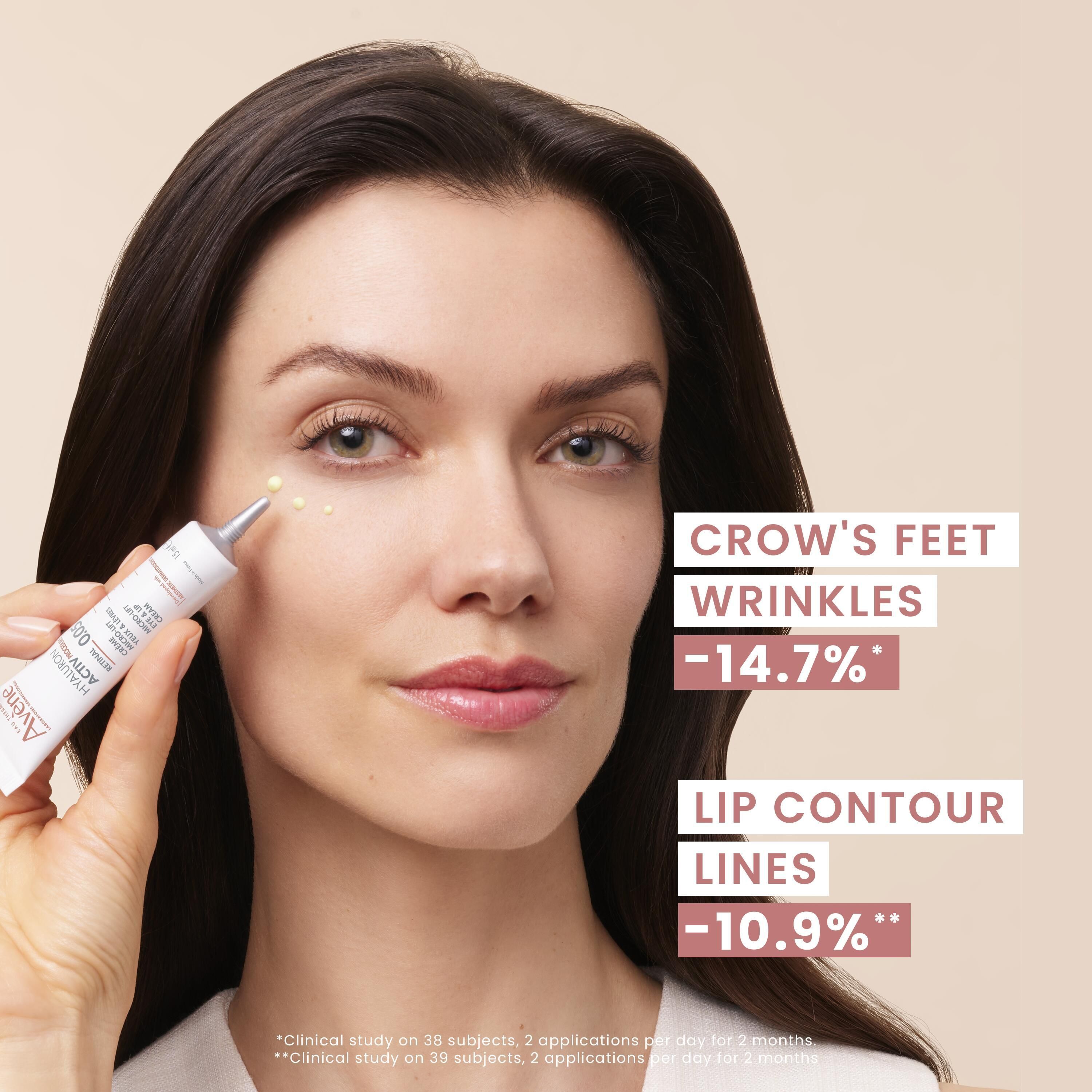Femme avec produit. Texte: Pattes d'oie -14,7%, contours des lèvres -10,9%.