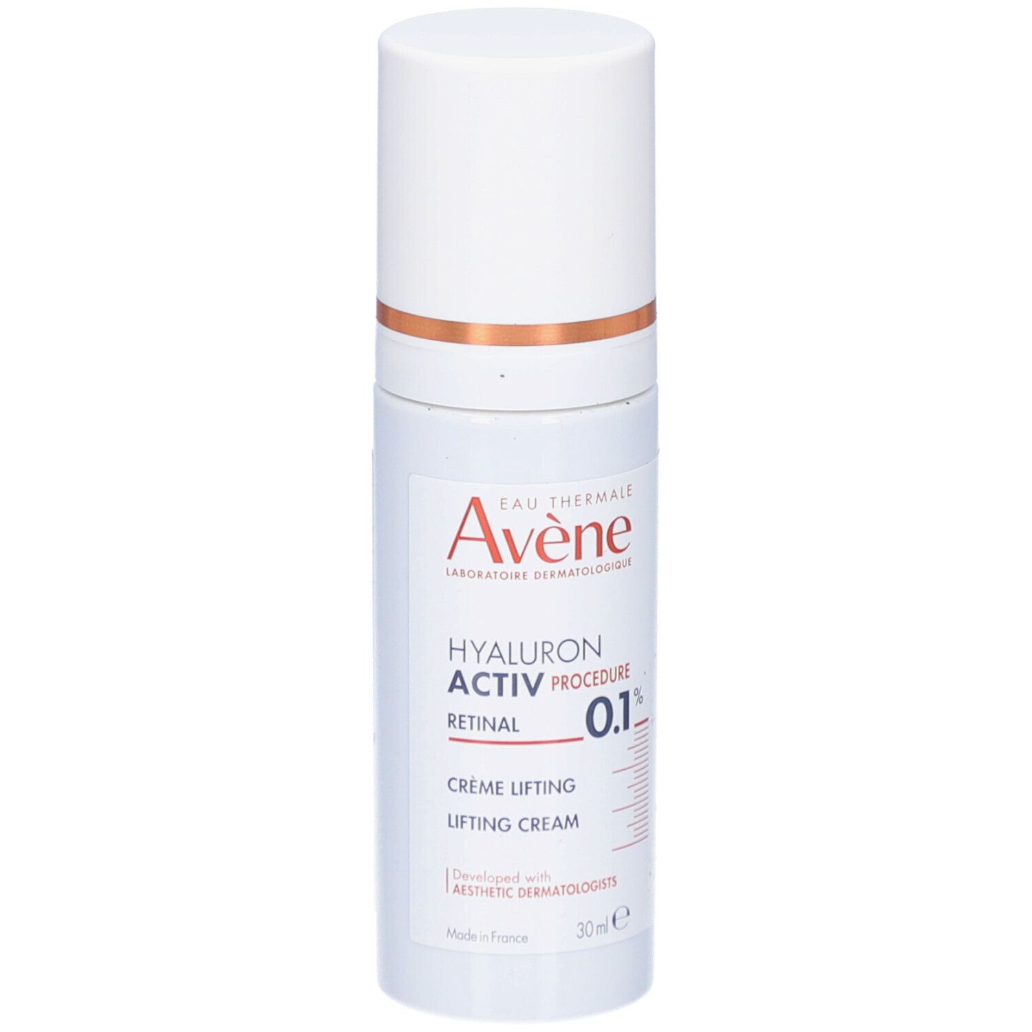 Tube de crème blanc. Inscription: Eau Thermale Avène, Hyaluron Activ Procedure, Crème Lifting, 0.1% Retinal. 30ml.